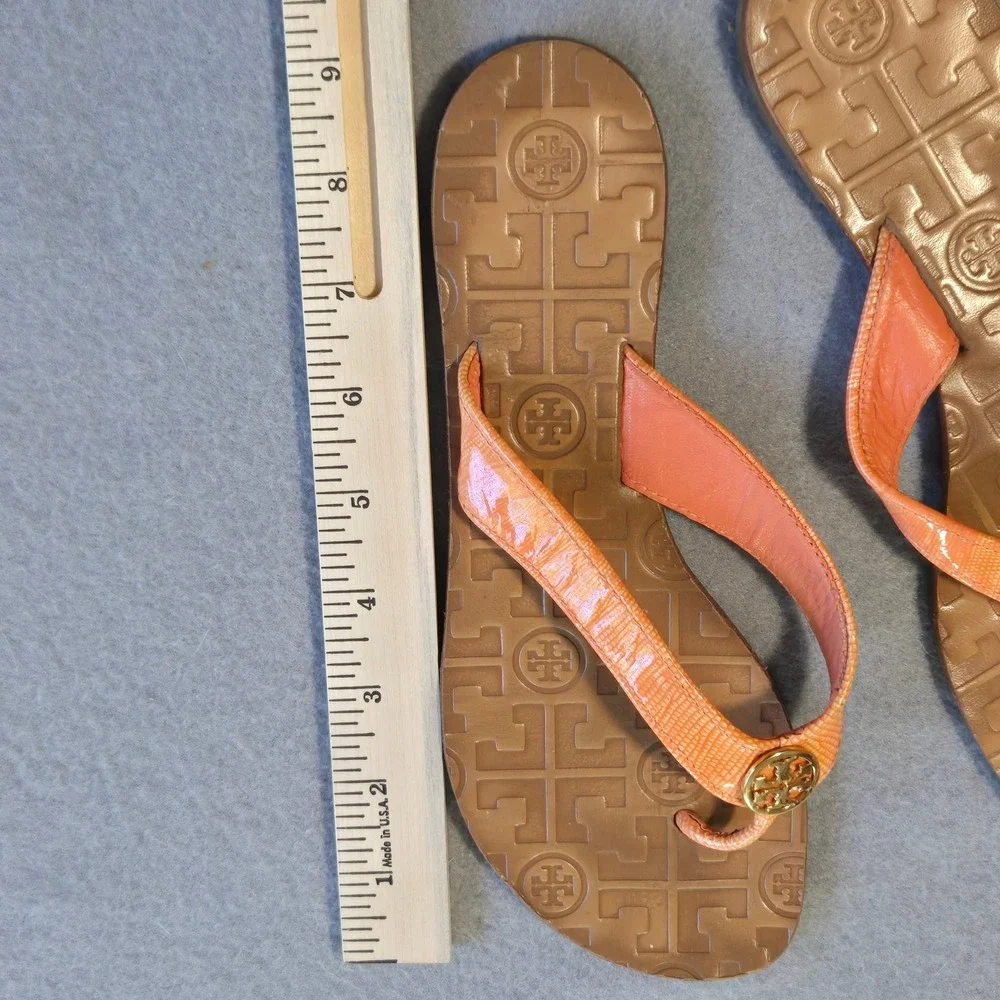 Tory Burch Miller Sandals Women 6M Orange Lizard Embossed Leather Logo Flat Flip